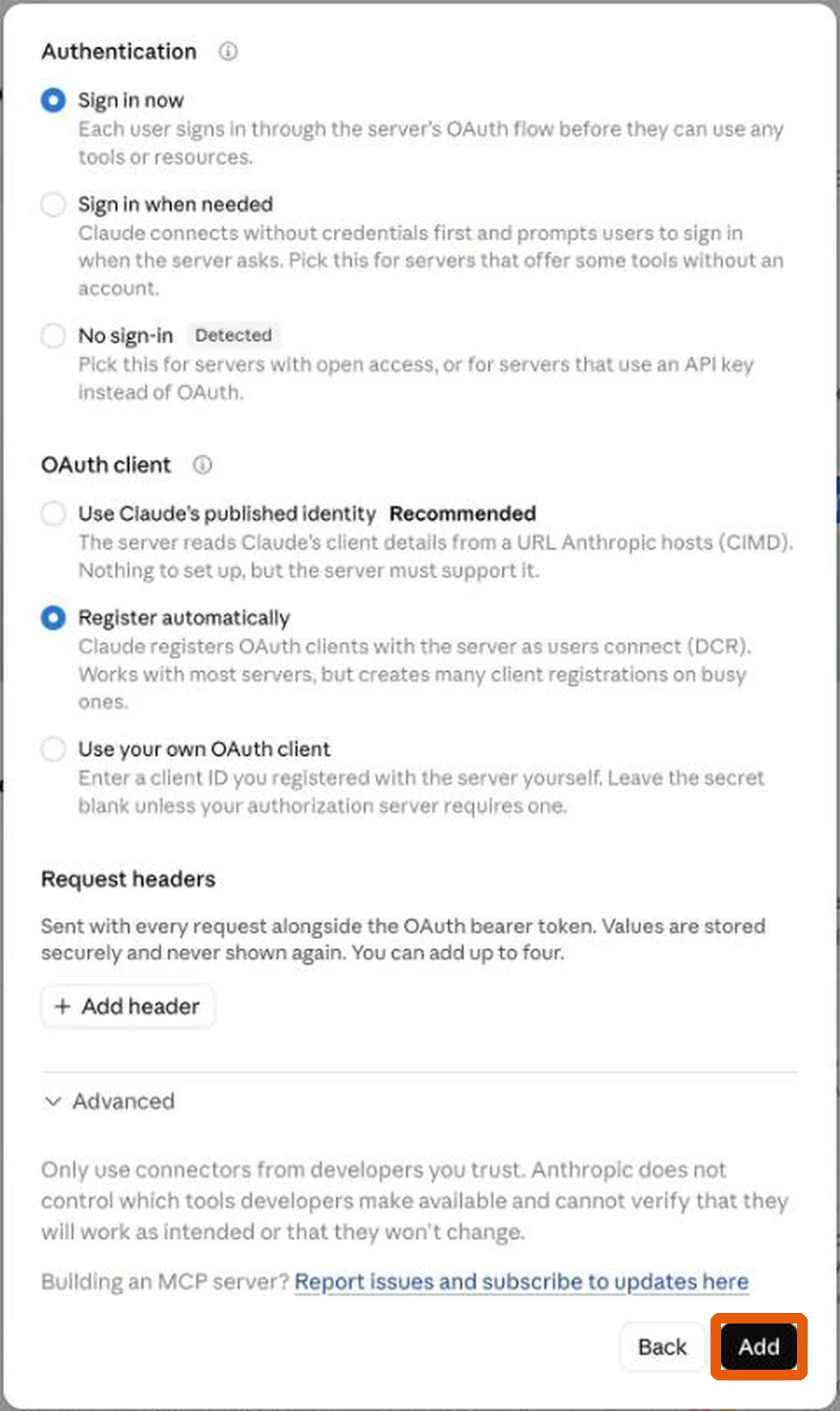 The bottom of the window after scrolling, with the Add button highlighted